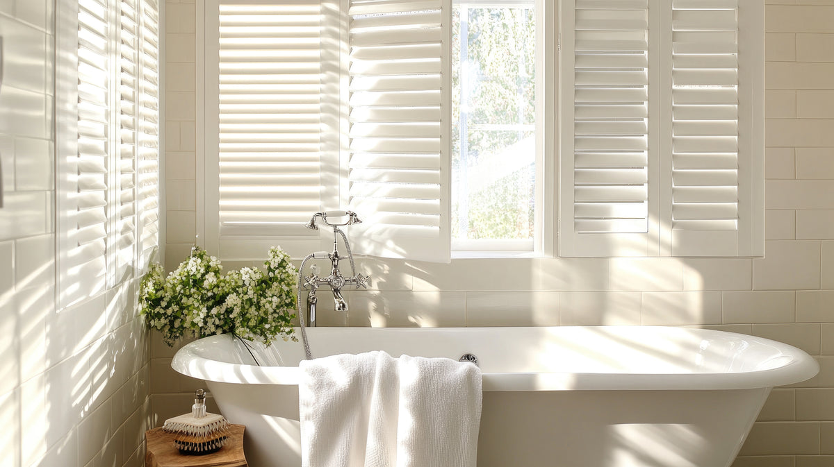 Freestanding bath beneath white plantation shutters