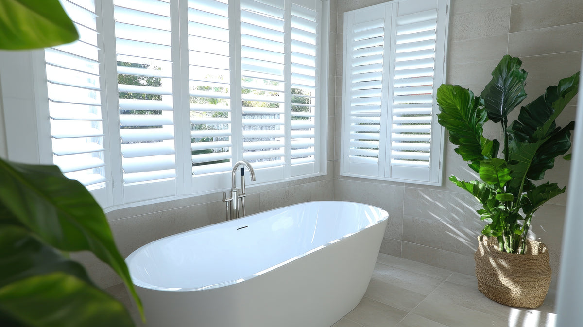 Moisture-resistant white plantation shutters in a bathroom
