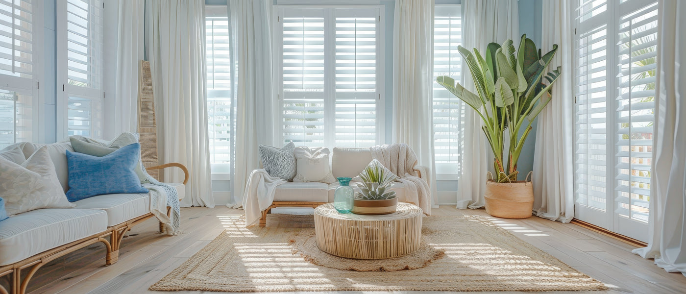 Coastal living room framed by plantation shutters
