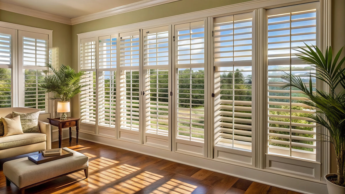 Architectural wall of custom white plantation shutters