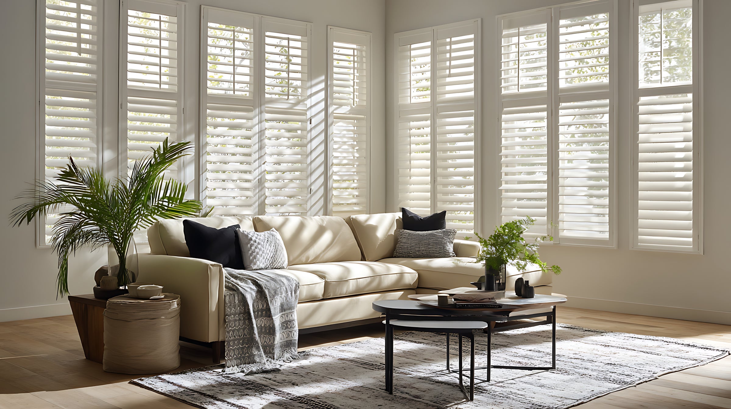 Smooth white shutters filtering bright daylight