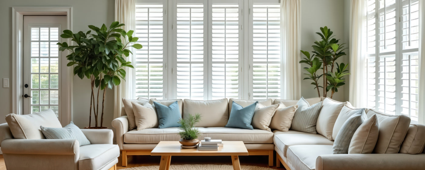 Modern living room with made-to-measure white shutters