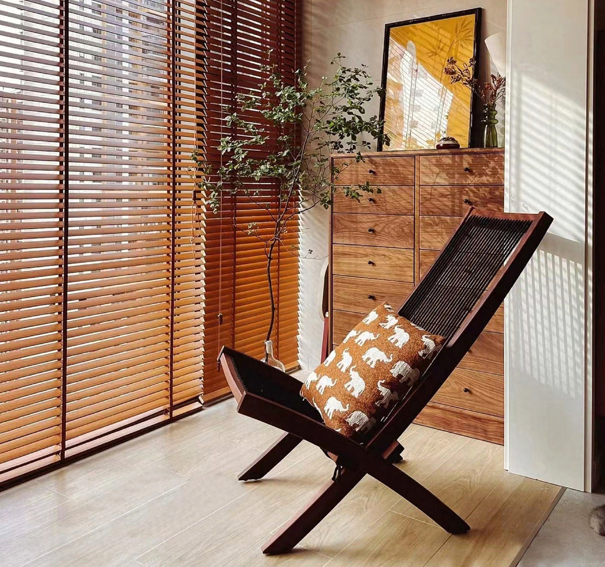 Timber venetian blinds in a warm living room